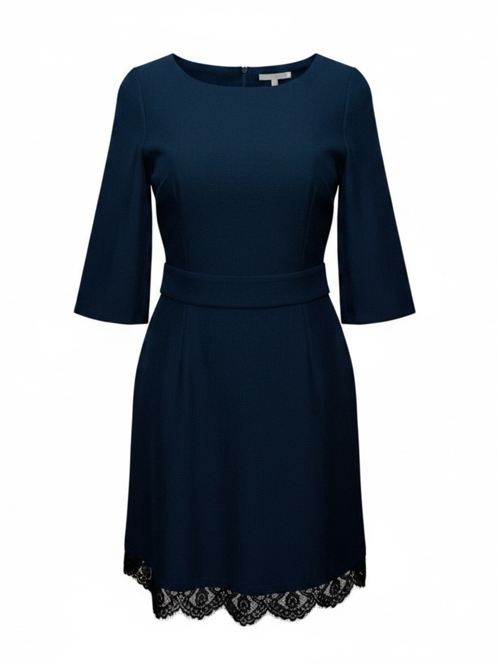 NEW Laura Bettini Elegant Navy Waist Tie Lace-Hem Dress